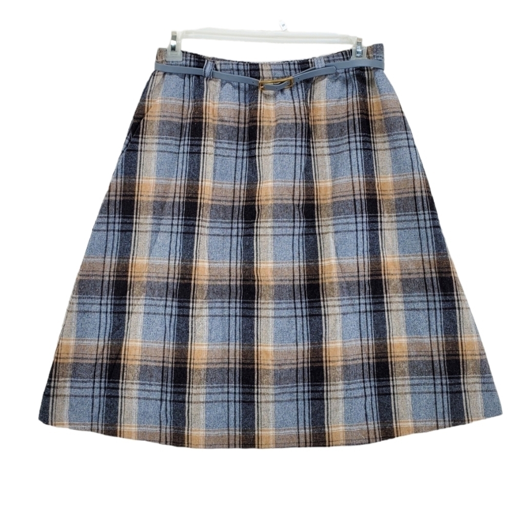 VTG Baker St Ted Martin Skirt sz 16 Plaid Gray Tan Preppy Autumn Wool Blend